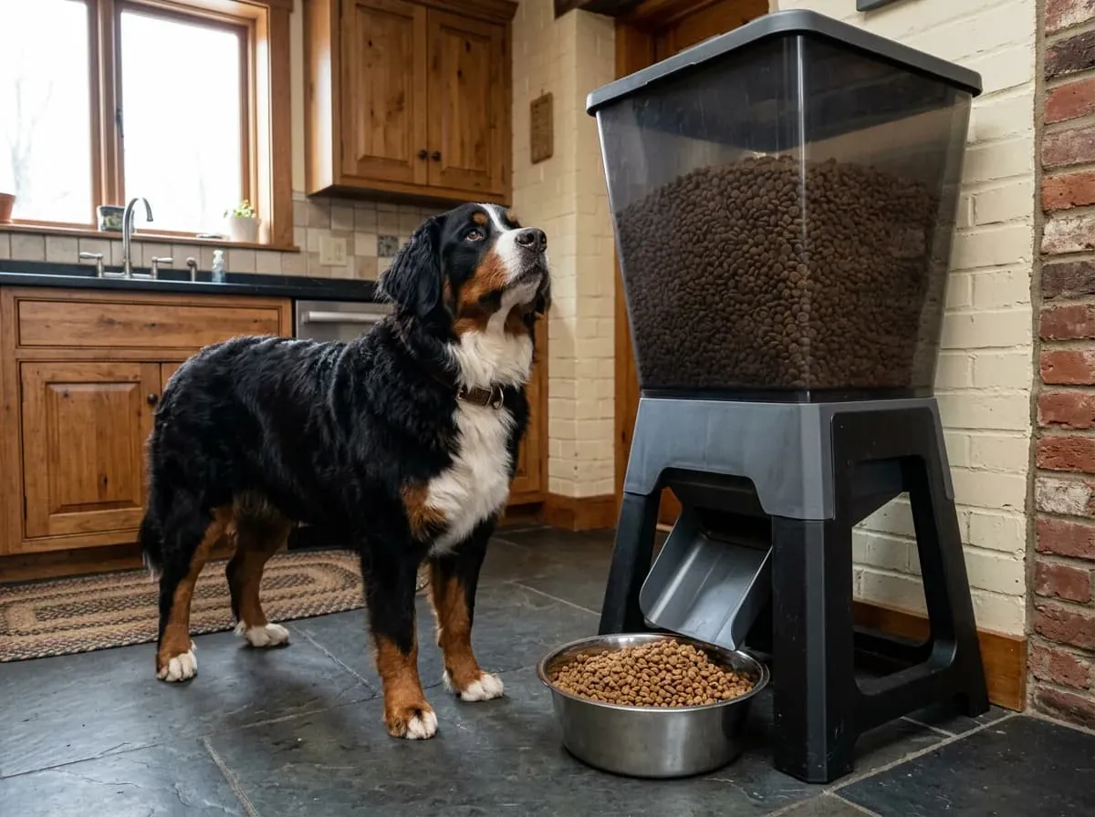 Close-up of a wide dispensing chute on an automatic dog feeder for large breeds.