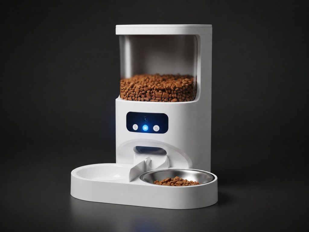 A collection of modern automatic pet feeders displayed neatly in a bright kitchen.