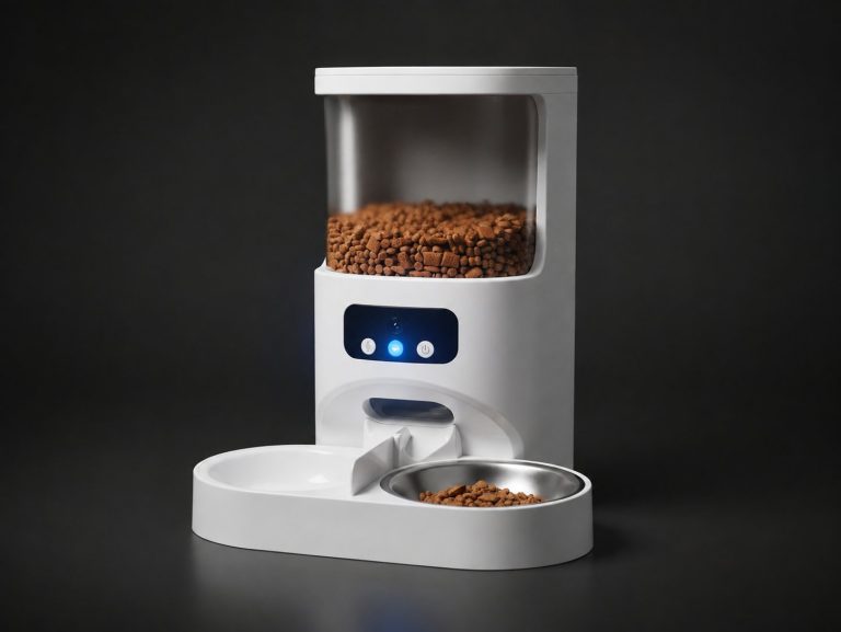 A collection of modern automatic pet feeders displayed neatly in a bright kitchen.