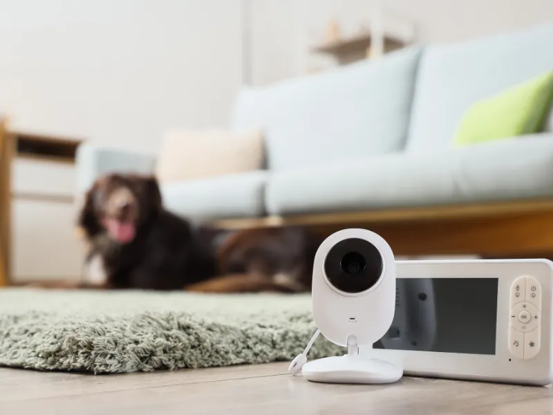 A curious cat cautiously observes a new smart pet feeder in a bright, modern home.