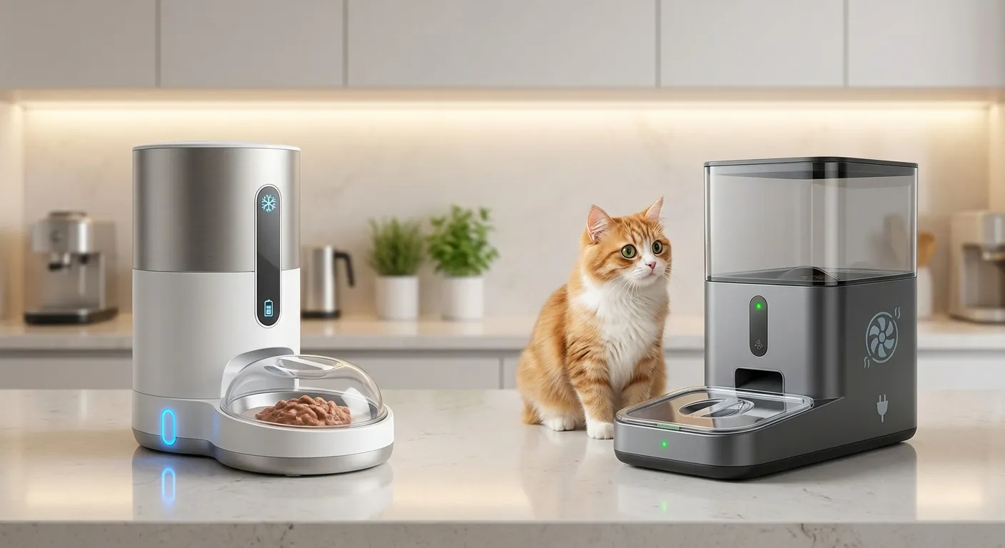 A digital automatic pet feeder synced with a smartphone app on a counter.
