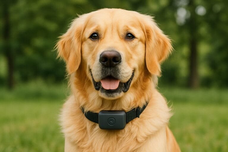 A handheld radio frequency dog tracker and collar unit displayed on a wooden surface.