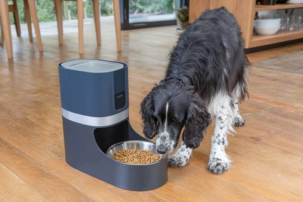 A large Golden Retriever waits patiently by a modern automatic dog feeder in a kitchen.