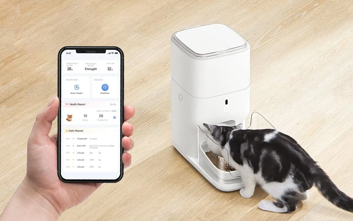 Person comparing smart pet technology options on a clean table in a home.