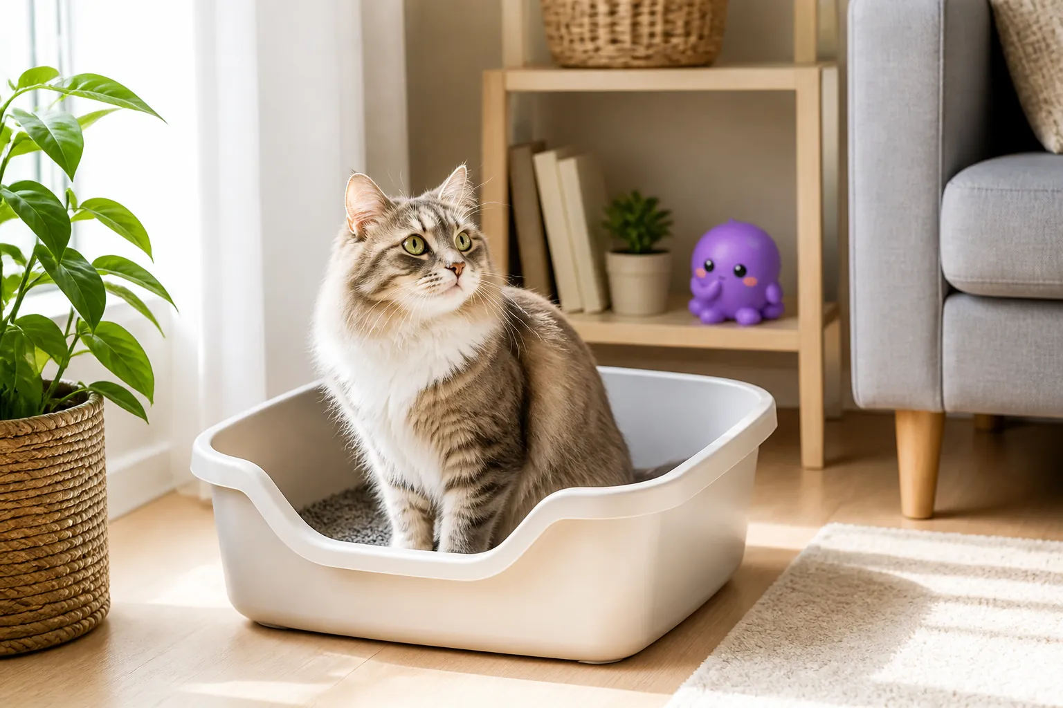 A person measures a cat to determine the correct size for a litter box.