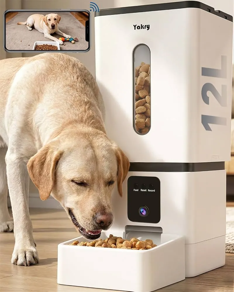 A person reviews information about an automatic dog feeder for large dogs in a home.